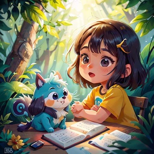 a little girl sitting at a table with a stuffed animal next to her and a book on the table
