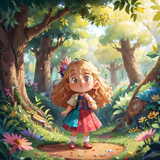 a little girl standing in the middle of a forest with a forest background and trees and flowers on the ground