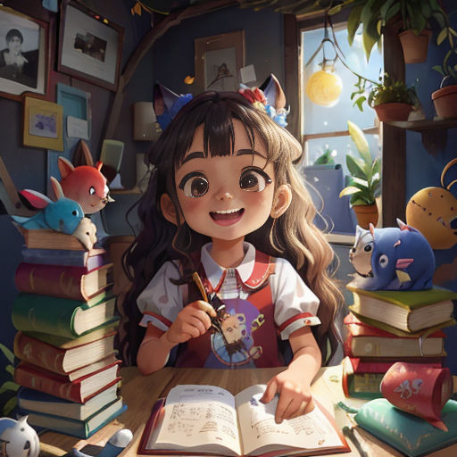 a girl sitting at a table with a book and a pen in her hand and a pile of books behind her