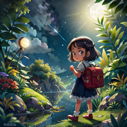 a girl with a backpack looking at the stars in the sky above her head and a light on her head