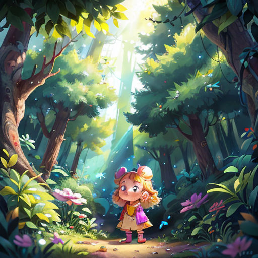 a girl in a pink dress standing in the middle of a forest with a light shining through the trees