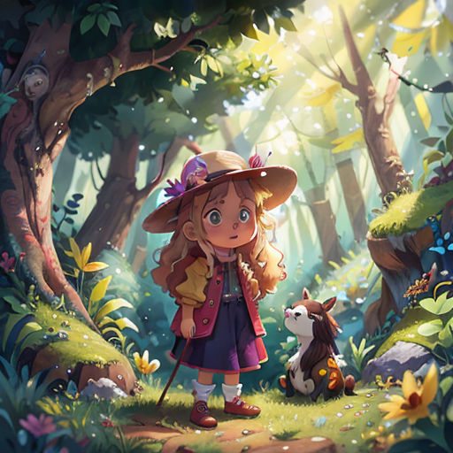 a girl in a hat and coat standing in a forest with a dog and a cat on a path
