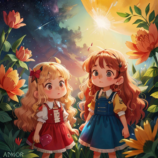 two little girls standing in the grass with flowers and a sun in the background, with a sky full of stars