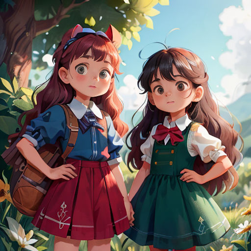 two girls standing next to each other in a forest with flowers and trees in the background, one of them is wearing a red bow tie