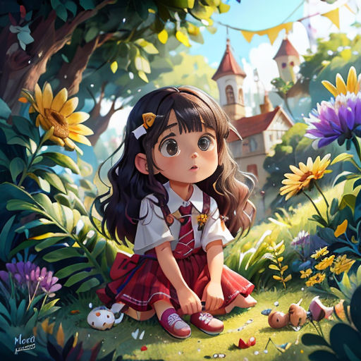 a girl sitting on the ground in a field of flowers and plants with a house in the background and a bird flying overhead