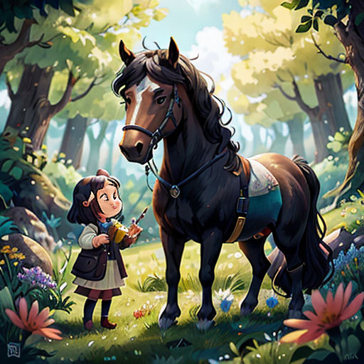 a girl standing next to a horse in a forest with flowers and trees around her, with a horse in the foreground