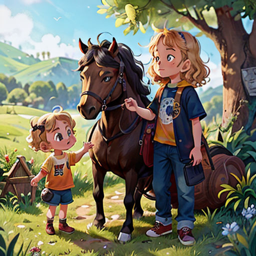 a girl and a boy are standing next to a horse in a field with a tree and a hill in the background