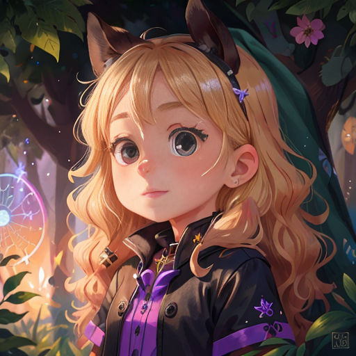 a girl with blonde hair and a cat ears on her head standing in a forest with a tree and a moon