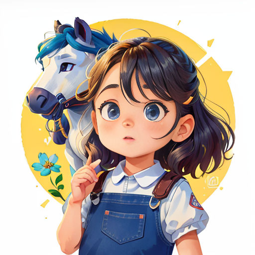 a girl with a pony on her shoulder and a horse on her shoulder behind her head, with a yellow circle behind her