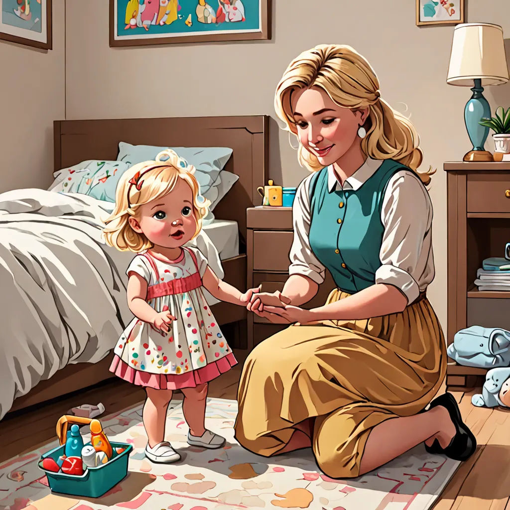 a woman kneeling down next to a little girl in a bedroom next to a bed and a dresser with a teddy bear, american realism, a storybook illustration, Caroline Lucy Scott, storybook illustration