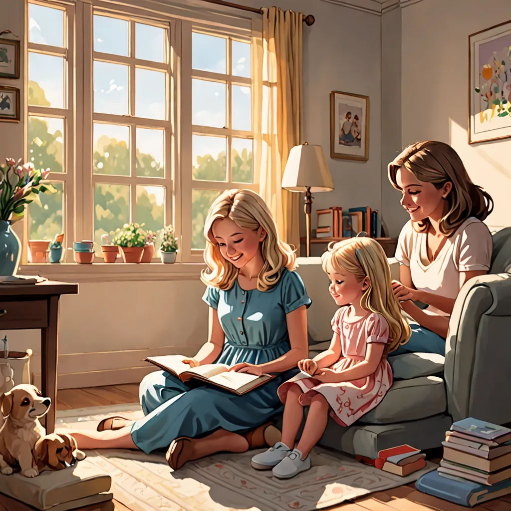 a painting of a family reading a book together in a living room with a dog and cat on the floor, american scene painting, a storybook illustration, Brothers Hildebrandt, storybook illustration