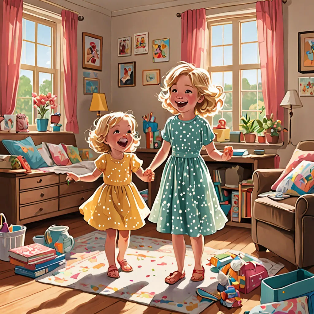 two little girls are standing in a room together holding hands and smiling at each other with a pink chair in the background, american scene painting, a storybook illustration, Brothers Hildebrandt, storybook illustration