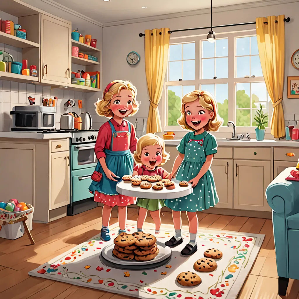 a family is gathered around a cake on a table in a kitchen with cookies on the floor and a blue chair, american scene painting, a storybook illustration, Bob Byerley, highly detailed digital painting