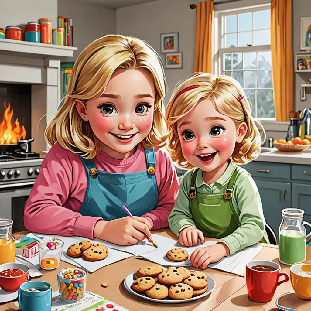 a painting of two children sitting at a table with cookies and coffee in front of them, and a fire place in the background, american scene painting, a storybook illustration, Chris LaBrooy, highly detailed digital painting