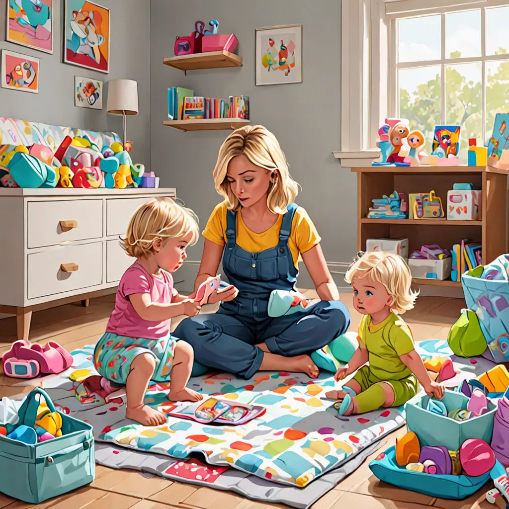 a woman and two children playing with toys in a room with a rug on the floor and a dresser, american scene painting, a storybook illustration, Caroline Lucy Scott, promotional image
