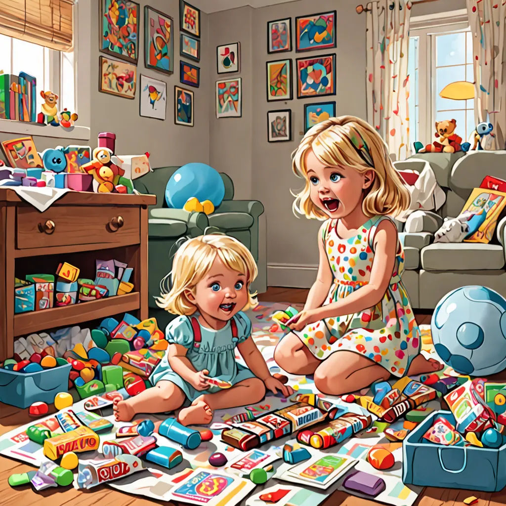 a painting of two little girls playing with toys in a living room with a couch and a table full of toys, american scene painting, a storybook illustration, Bob Byerley, highly detailed digital painting