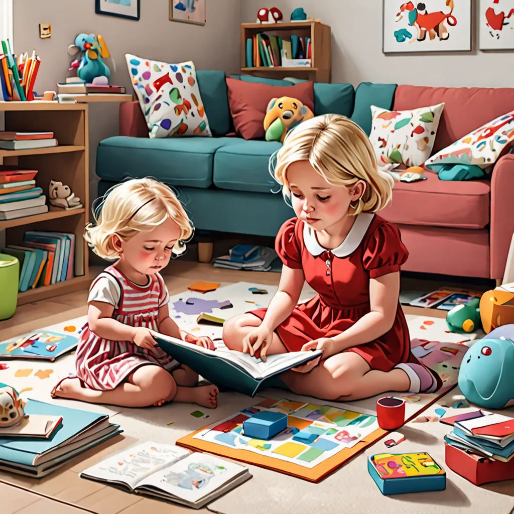 two little girls sitting on the floor reading a book together in a living room with a blue couch and a blue couch behind them, photorealism, a storybook illustration, Colin Middleton, highly detailed digital painting