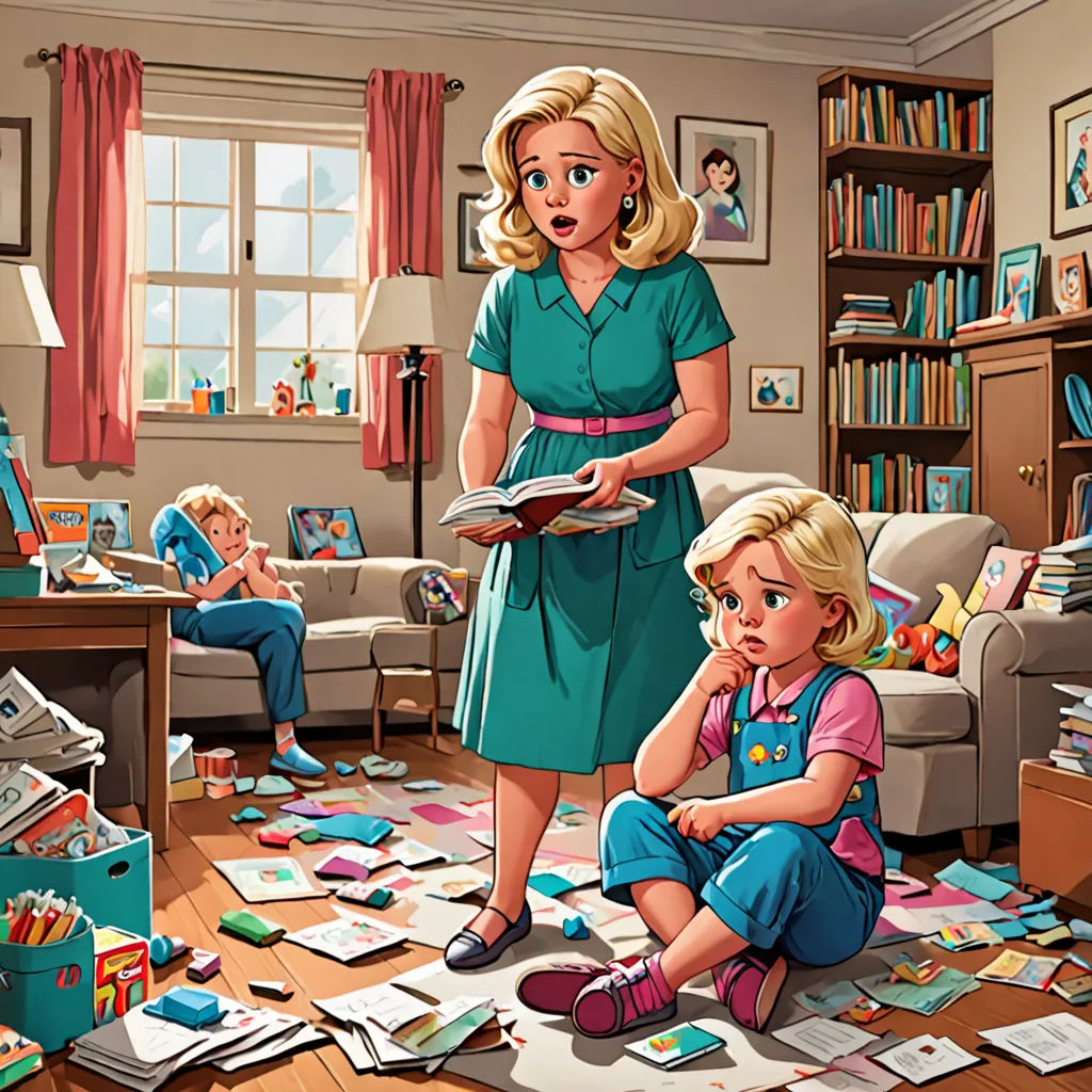 a woman and a child are sitting on the floor in a living room with a lot of papers scattered all over the floor, american scene painting, a storybook illustration, F Scott Hess, storybook illustration