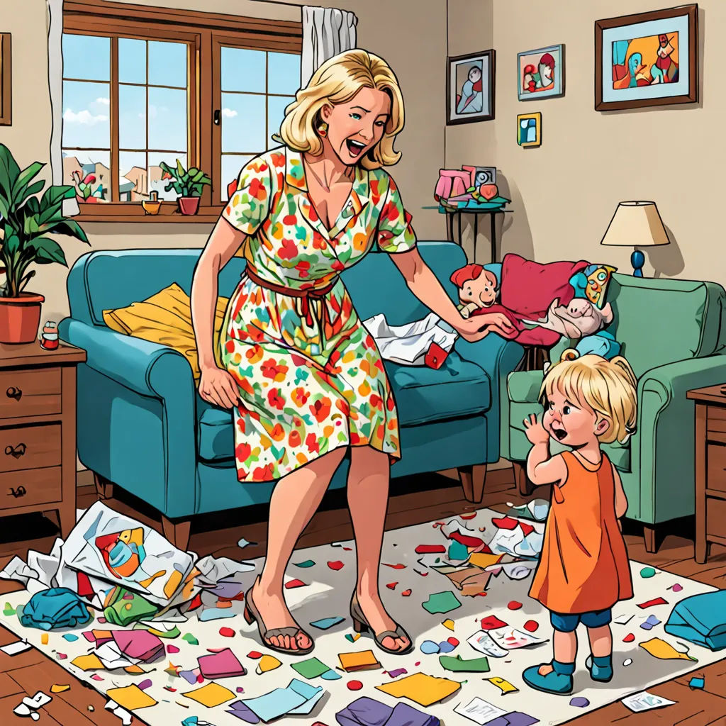 a woman and a child are playing with a mess in a living room with a blue couch and a blue chair, auto-destructive art, a storybook illustration, Austin Briggs, storybook illustration