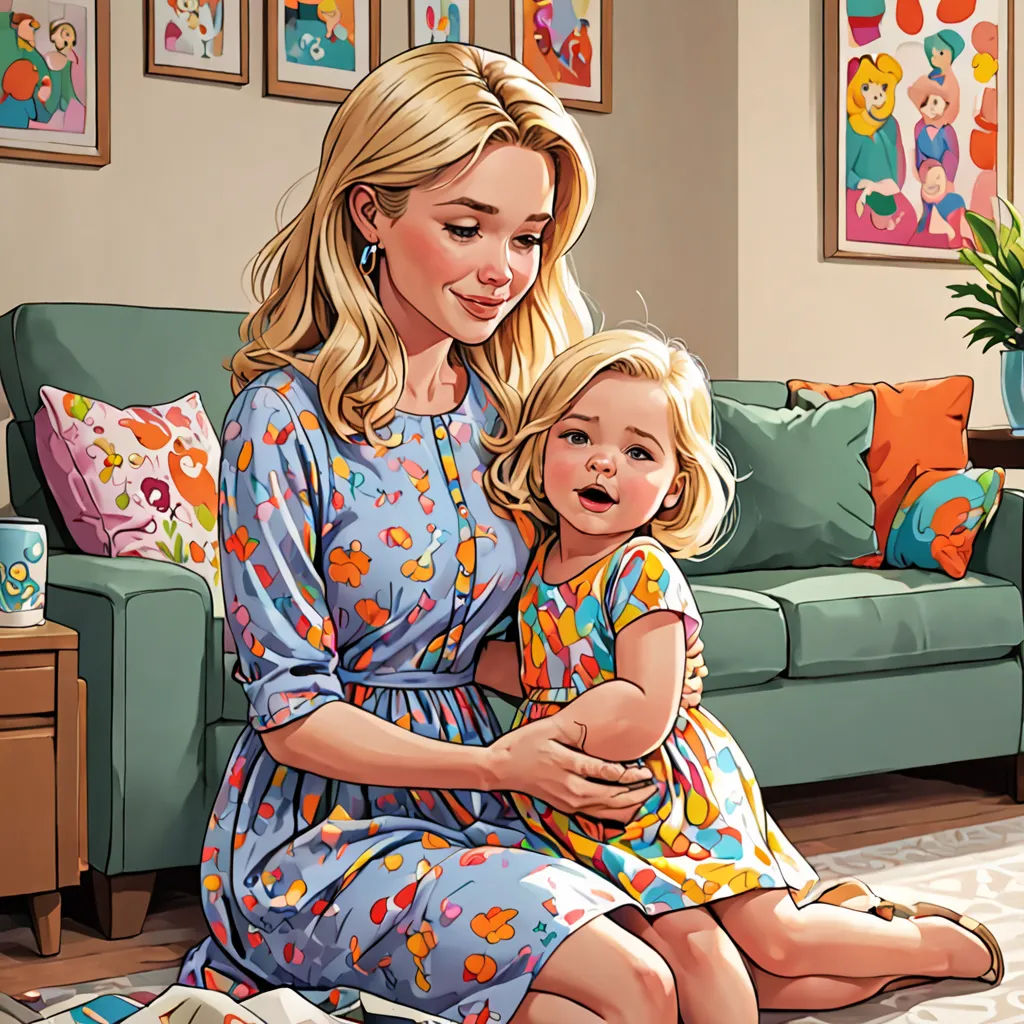 a woman and a child sitting on a couch in a living room together, with a painting of a woman holding a child, american realism, a storybook illustration, Colin Middleton, high detail illustration