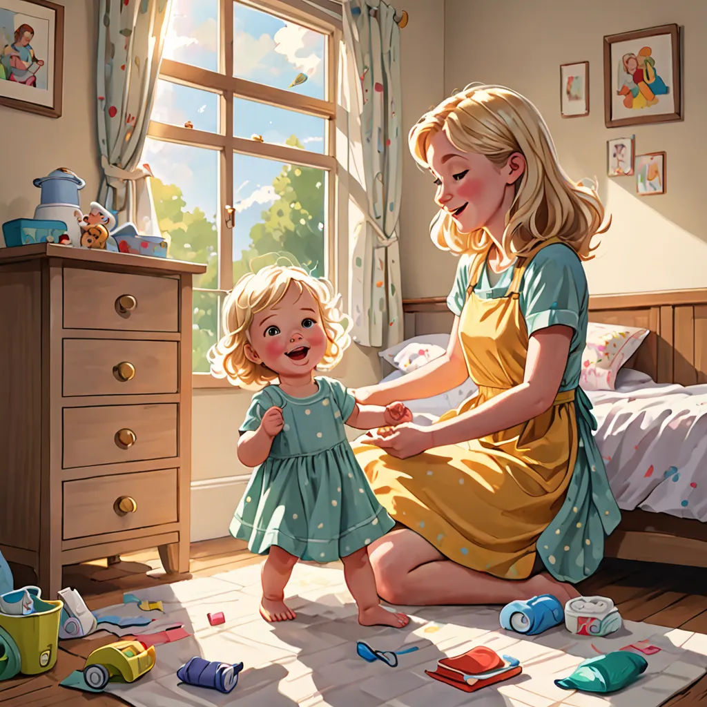 a woman and a child playing in a bedroom with toys on the floor and a dresser with a window, american scene painting, a storybook illustration, Brothers Hildebrandt, storybook illustration