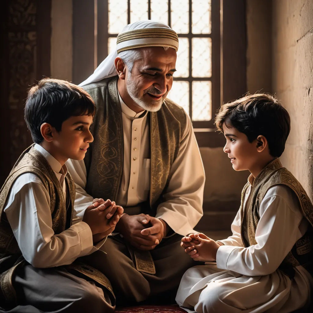 a man sitting next to two boys in front of a window with a priest on his shoulders and a little boy on his knees, hurufiyya, a stock photo, Fathi Hassan, cinematic photography