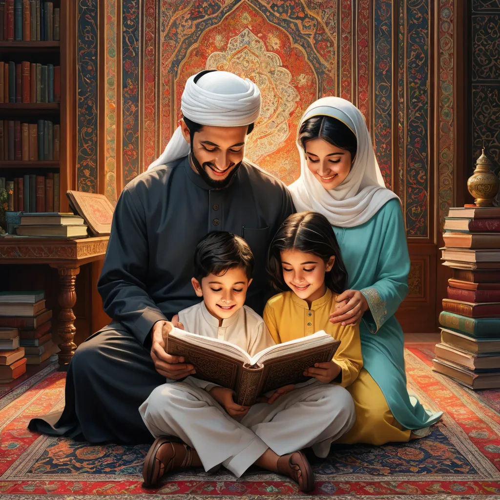 a painting of a family reading a book together in a room with a carpet and bookshelves in the background, hurufiyya, a storybook illustration, Altoon Sultan, storybook illustration