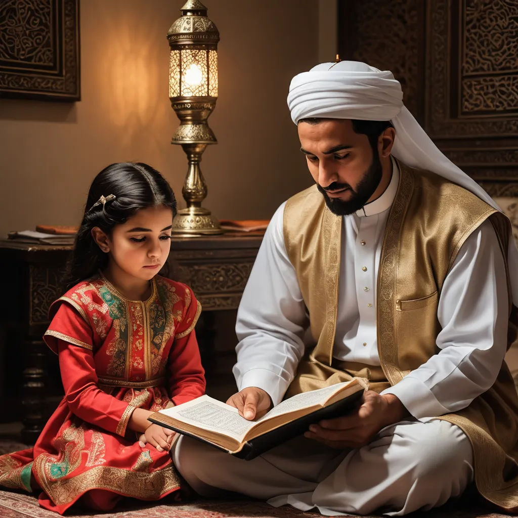 a man and a little girl sitting on a bed reading a book together, with a lamp in the background, hurufiyya, a storybook illustration, Altoon Sultan, portrait photography