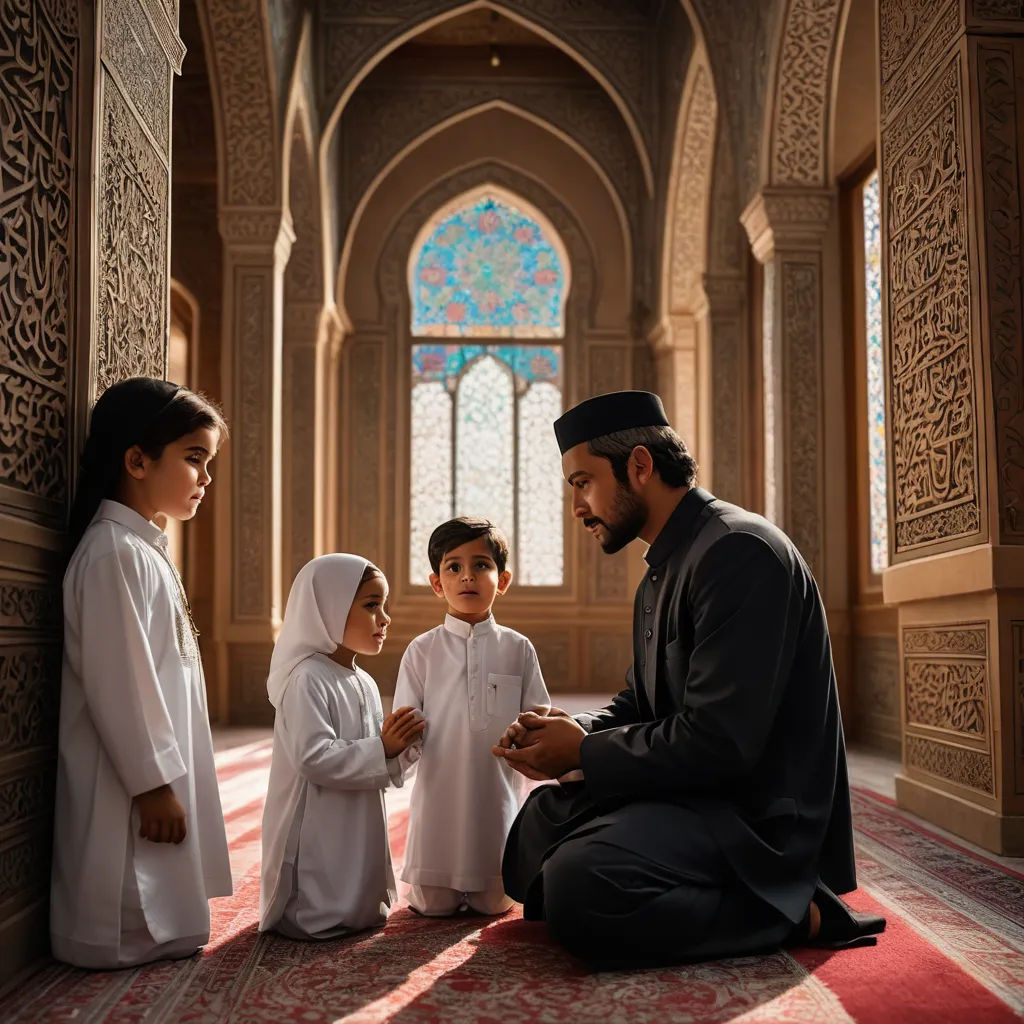 a man kneeling down next to a group of children in a room with a stained glass window and a rug, hurufiyya, a storybook illustration, Amir Zand, cinematic photography