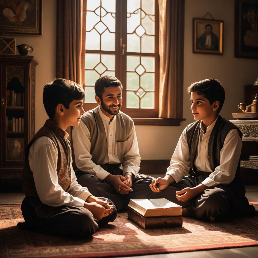 a group of men sitting on top of a rug next to a window with a book in front of them, hurufiyya, a storybook illustration, Amir Zand, movie still