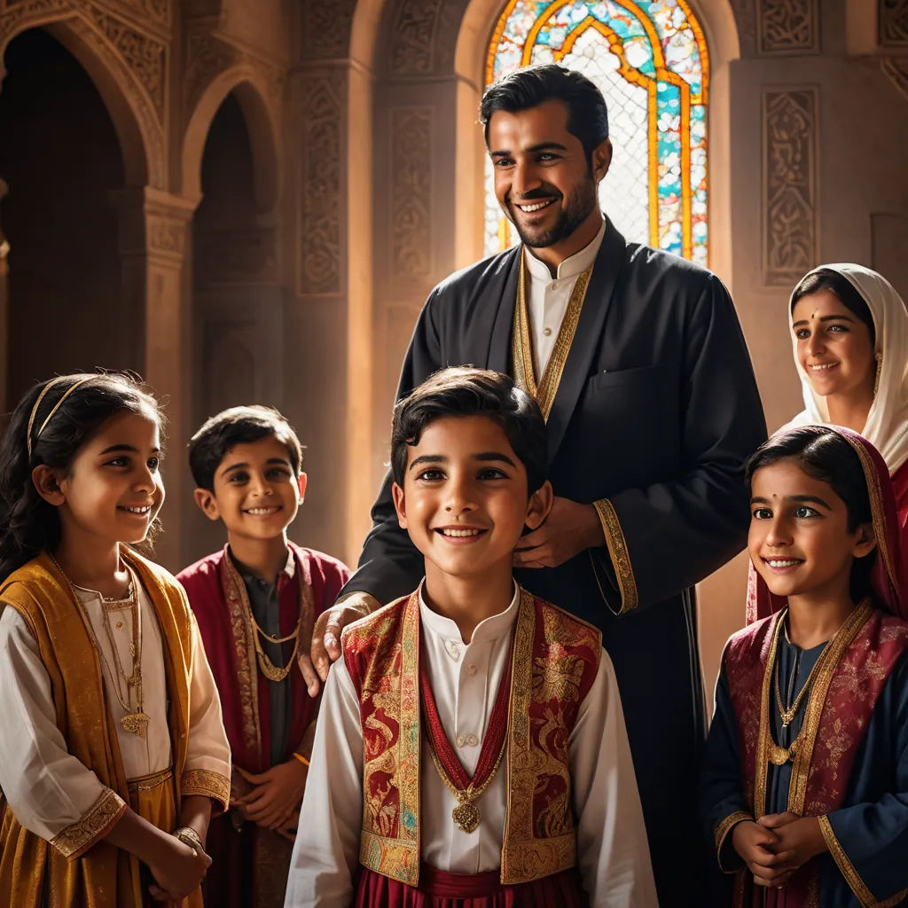 a man standing next to a group of children in front of a stained glass window in a building with a stained glass window, hurufiyya, a storybook illustration, Amir Zand, cinematic photography