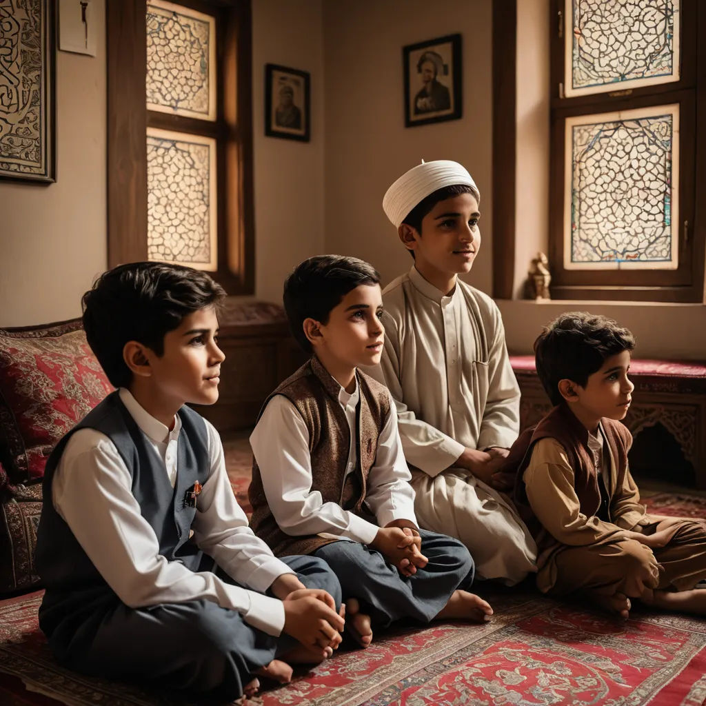 a group of young boys sitting on top of a rug next to each other on a floor next to a window, qajar art, a storybook illustration, Amir Zand, cinematic photography