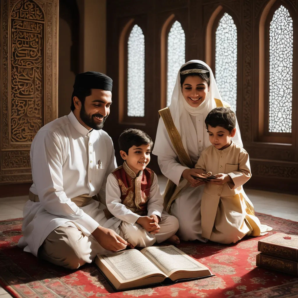 a family sitting on a rug in a room with a book open and a man reading a book to them, hurufiyya, a storybook illustration, Altoon Sultan, portrait photography