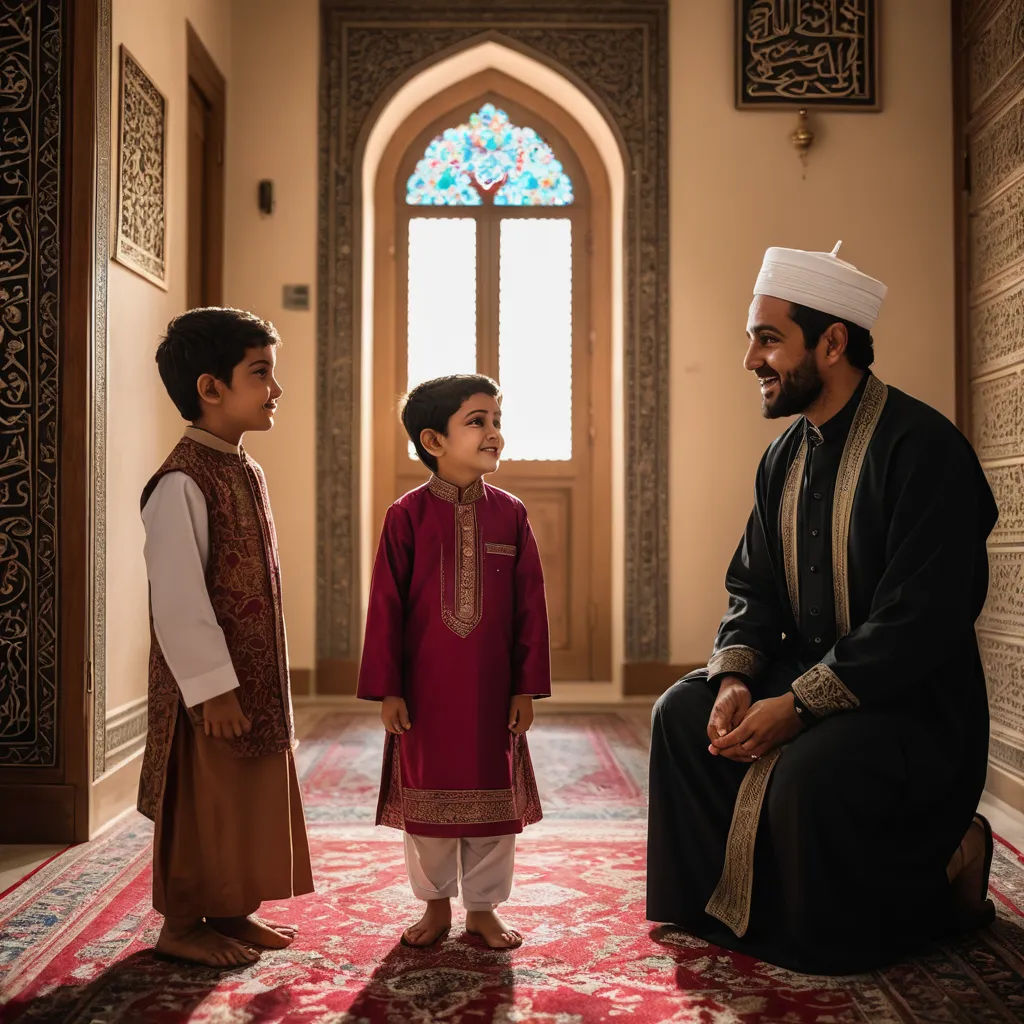 a man and two boys are standing in a hallway with a carpet and a window in the background and a rug on the floor, hurufiyya, a storybook illustration, Amir Zand, award-winning photograph