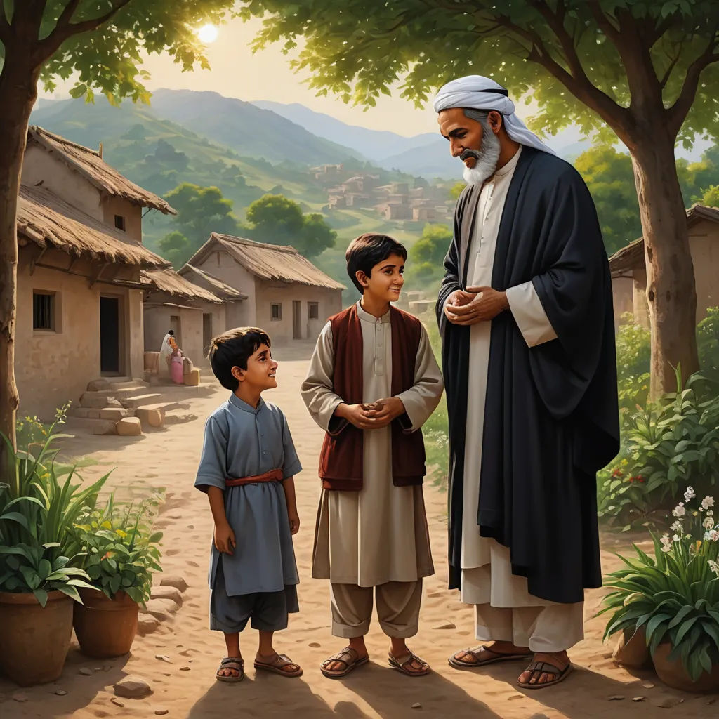 a painting of a man and two children standing in front of a village with a mountain in the background, excessivism, a storybook illustration, Brothers Hildebrandt, storybook illustration
