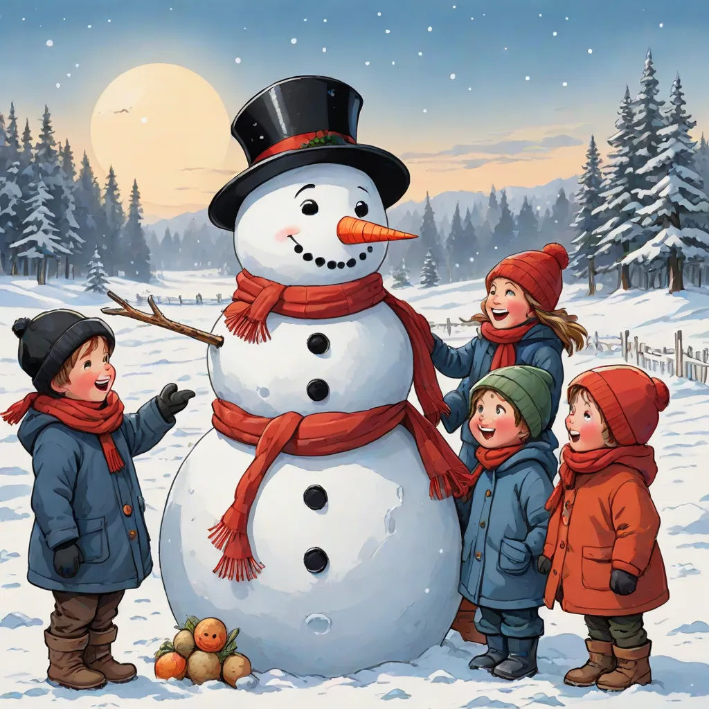a group of children standing around a snowman in the snow with a snowman on it's head, naive art, a storybook illustration, Elsa Beskow, winter