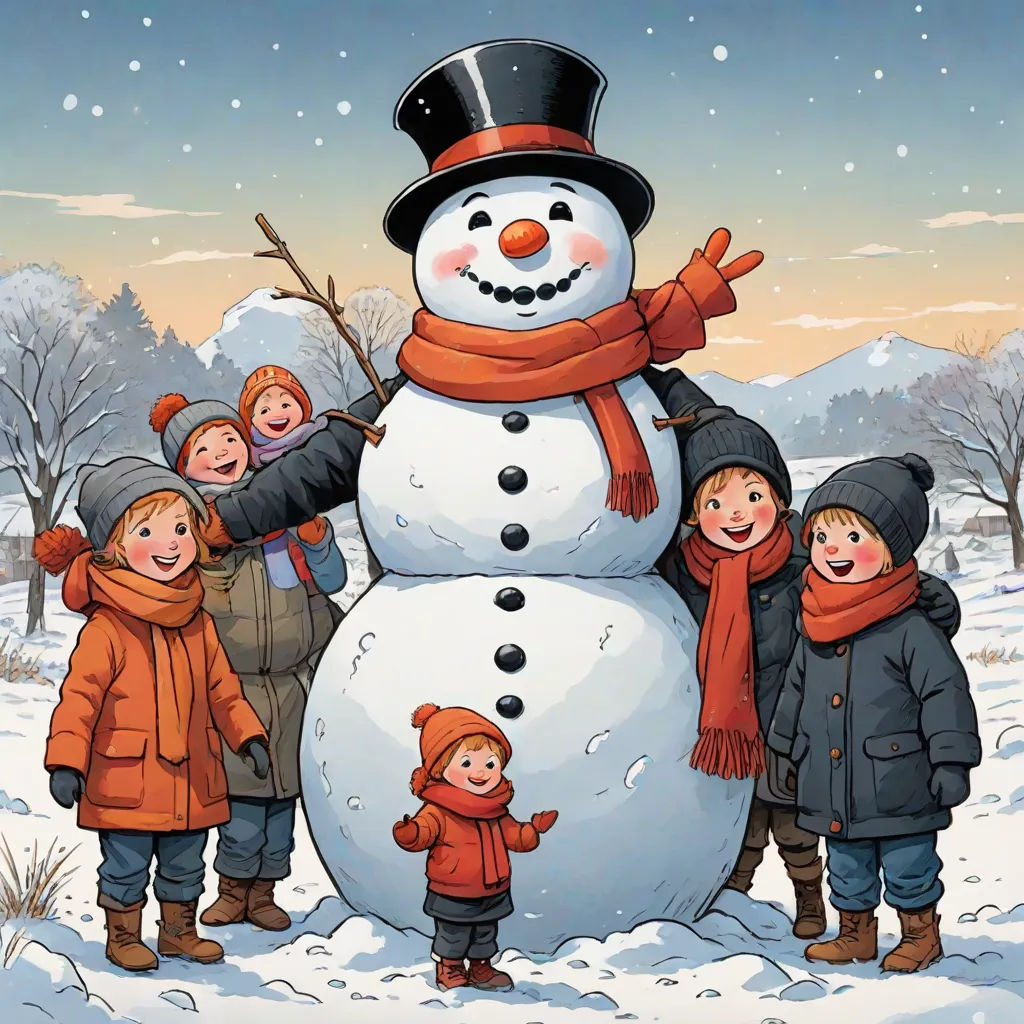 a group of children standing around a snowman in the snow with a snowman on top of it, art informel, a storybook illustration, Elsa Beskow, winter