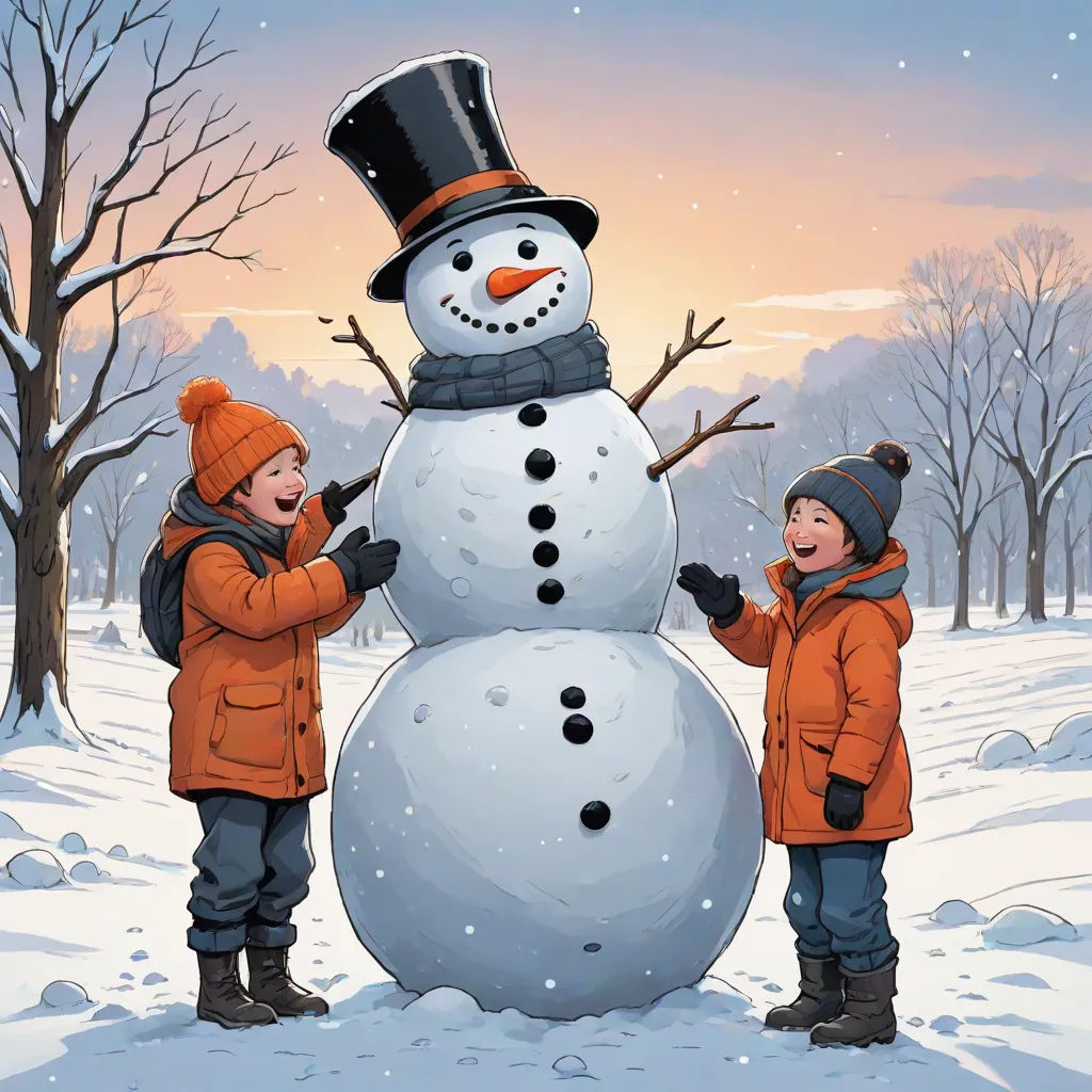 two children standing next to a snowman in the snow with a hat on it's head and a snowman with a top hat on, art informel, a storybook illustration, Dan Mumford, josan gonzales and dan mumford