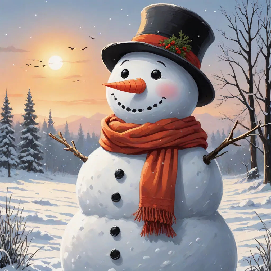 a snowman with a hat and scarf on in the snow with a sunset in the background and a bird flying overhead, naive art, an airbrush painting, Ernest William Christmas, highly detailed digital painting