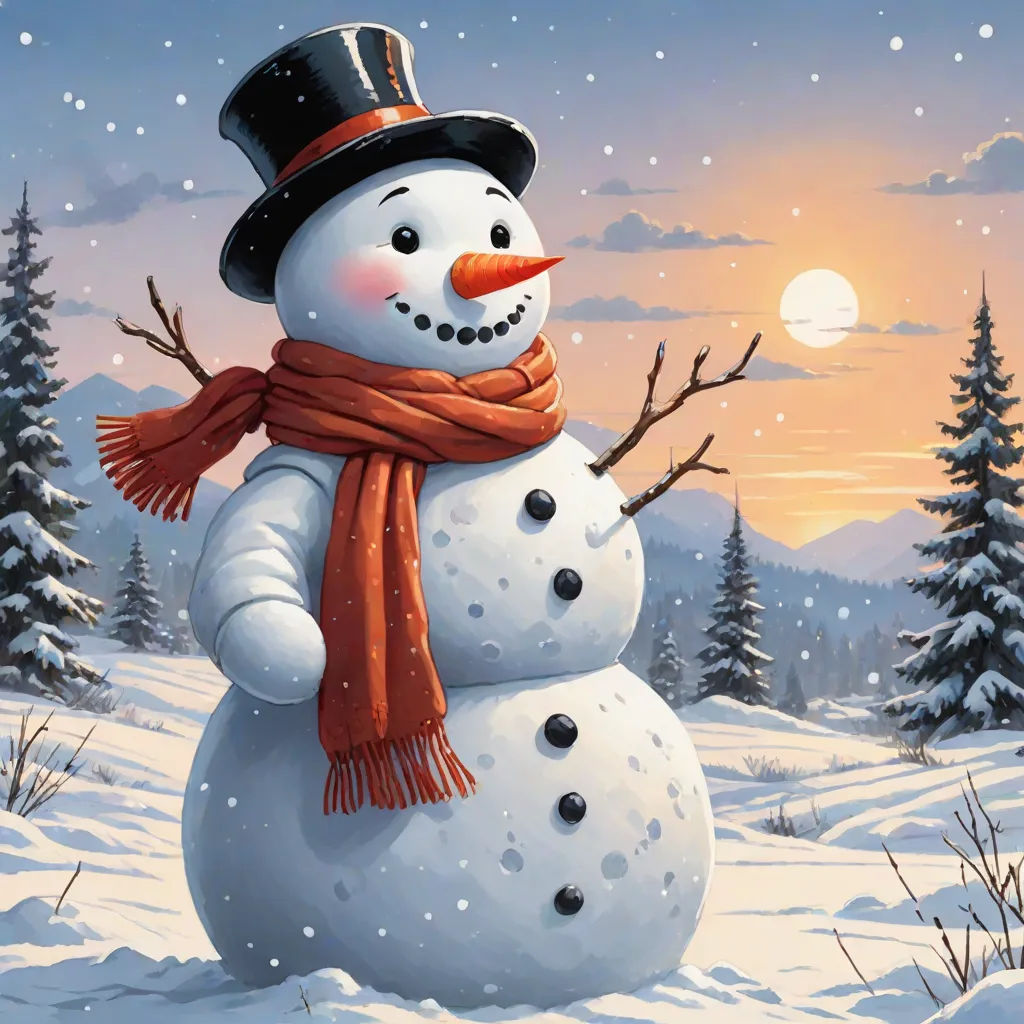 a snowman with a hat and scarf on in the snow with trees and a full moon in the background, naive art, a digital rendering, Brian Snøddy, snow