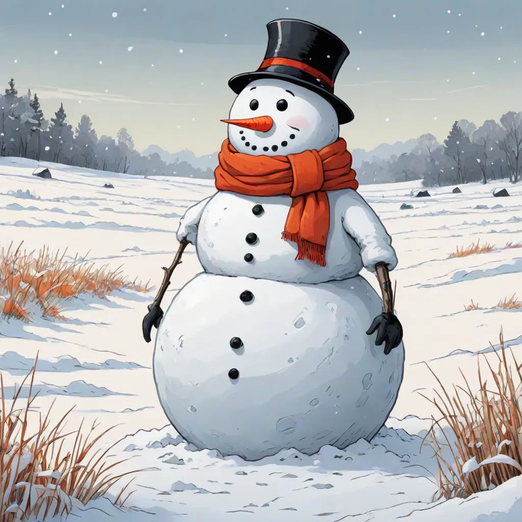 a snowman with a top hat and scarf on in the snow with a sky background and trees and grass, folk art, a comic book panel, Brian Despain, comic cover art