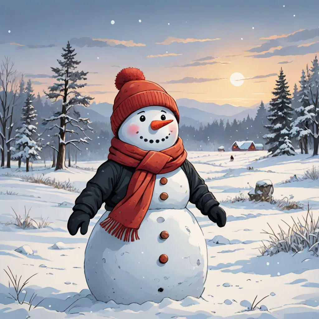 a snowman in a red hat and scarf standing in the snow with a full moon in the background, naive art, a storybook illustration, Ernest William Christmas, winter