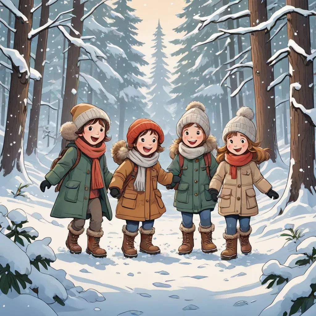 a group of children walking through a snow covered forest in winter clothes and hats, with a pine tree in the background, lyco art, a storybook illustration, Diego Gisbert Llorens, official art