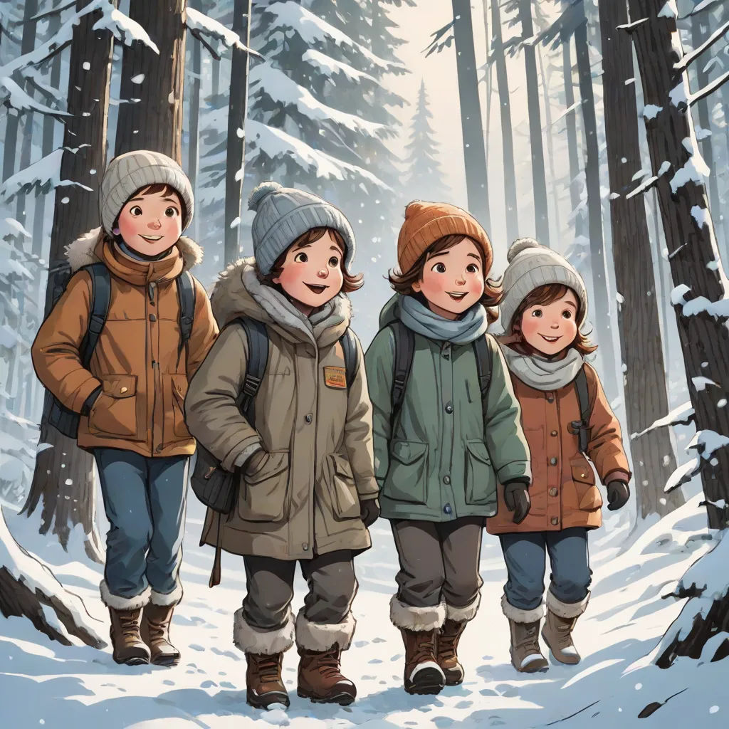 a group of children walking through a snow covered forest in winter coats and hats, with a dog on the leash, vancouver school, a storybook illustration, Eric Deschamps, official art