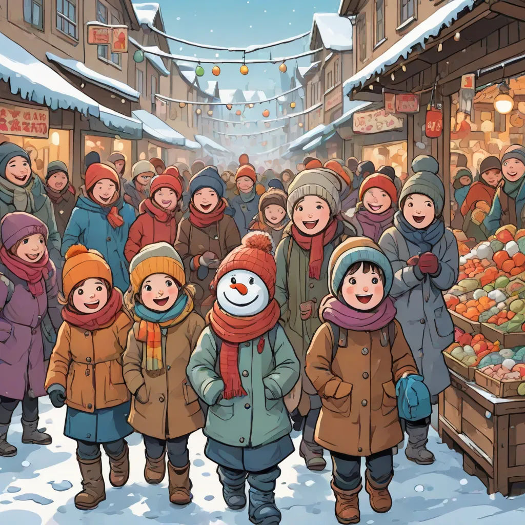 a group of people standing in front of a market filled with lots of produce and vegetables in winter time, naive art, a storybook illustration, An Gyeon, yukito kishiro