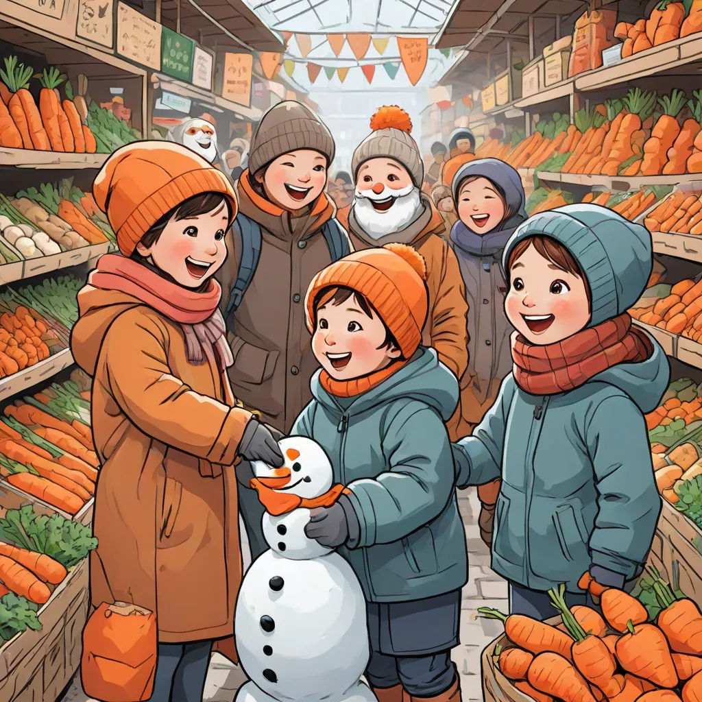 a group of children standing around a snowman in a store filled with carrots and carrots,, lyco art, a storybook illustration, Choi Buk, color page