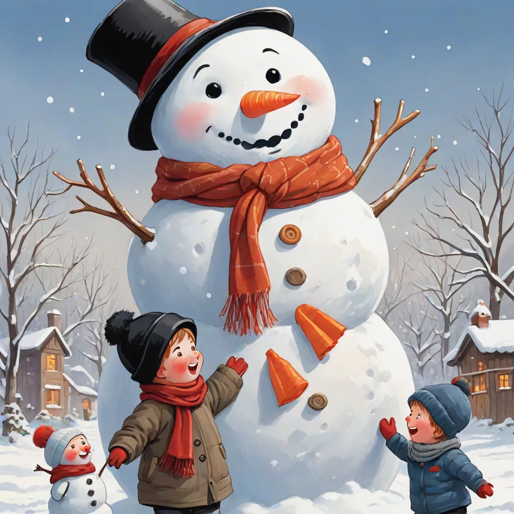a painting of a snowman and two children in the snow with a house in the background and a snowman with a hat on, naive art, a storybook illustration, Ernest William Christmas, snow