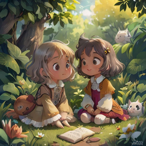two girls sitting on the ground in the woods reading a book and a cat is looking at them from behind