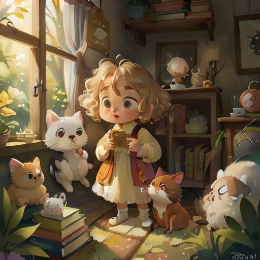 a little girl standing in front of a window surrounded by cats and kittens in a room with a bookcase