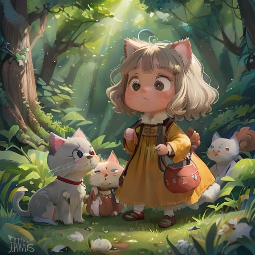 a little girl standing in the woods with cats and kittens around her, with a forest background and sunlight coming through the trees